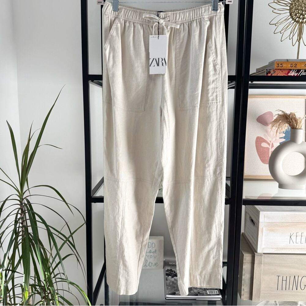 Zara Beige Oatmeal Linen Blend Tapered Leg High Rise Pants 25” Women’s Medium - Picture 2 of 12